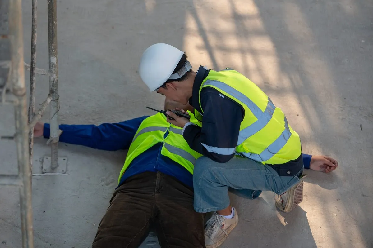 A first aider radioing for help beside an injured worker on site